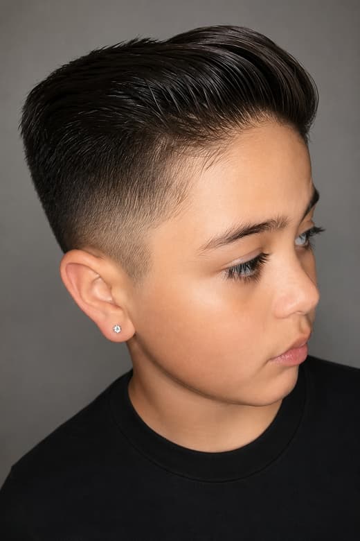 Dark hair combed over from a shaved part line, with the sides faded short.
