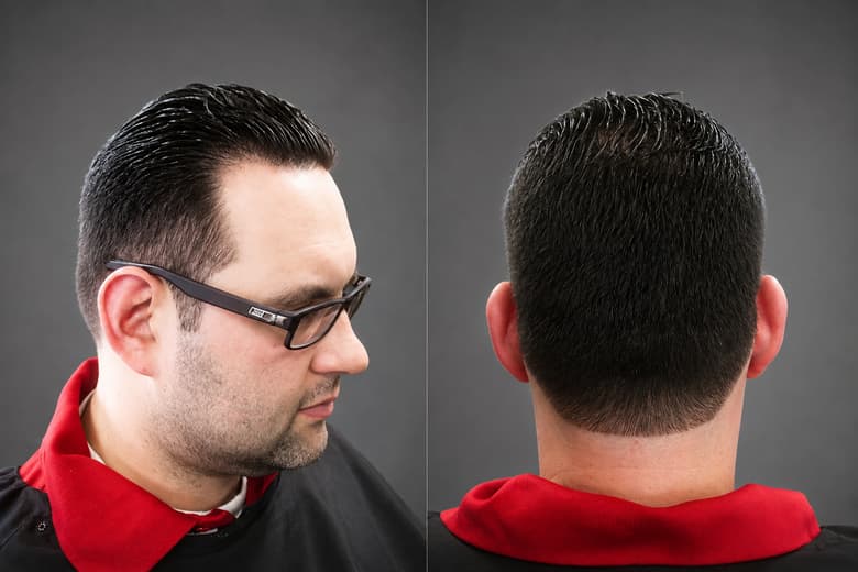 The side and the back of the same short tapered cut, shown next to each other.